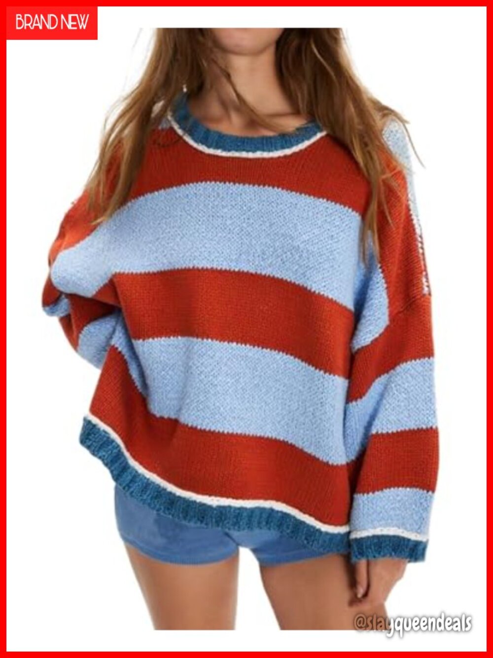 Striped Color Block Crewneck Sweater 60% Cotton 40% Acrylic Knit Pullover